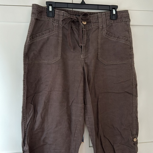 Nine West Jeans Brown Linen Blend Drawstring w/ Rolled Legs Capri 12 - Picture 3 of 9